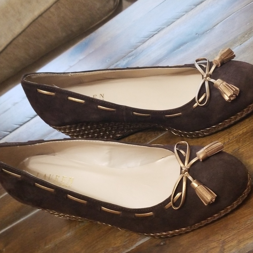 Ralph Lauren brown shoes with gold wedge.